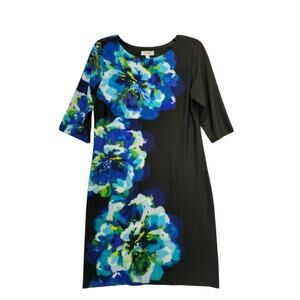 Dressbarn Size 10 Black with Blue Bold Floral Bodycon Dress